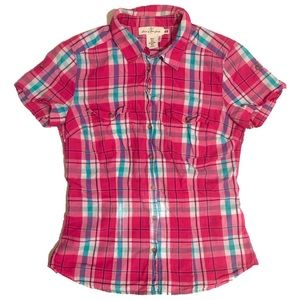 pink blue plaid short sleeve button up shirt